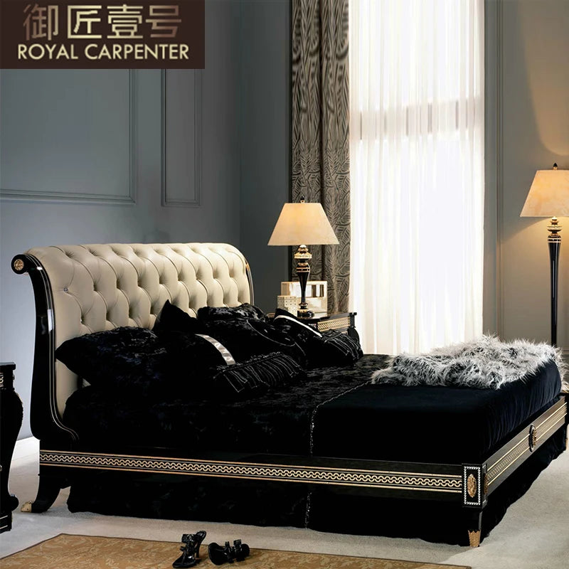 European Style Solid Wood 1.8m Double Bed Carved Princess Design Leather Bed for Master Bedroom Genuine Leather Soft Wedding Bed