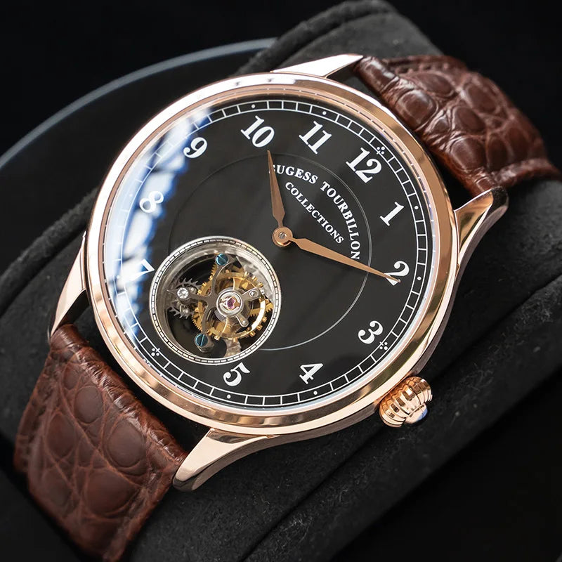 Rose-Gold Skeleton Tourbillon Mechanical Wristwatch — Brown | KIMLUD