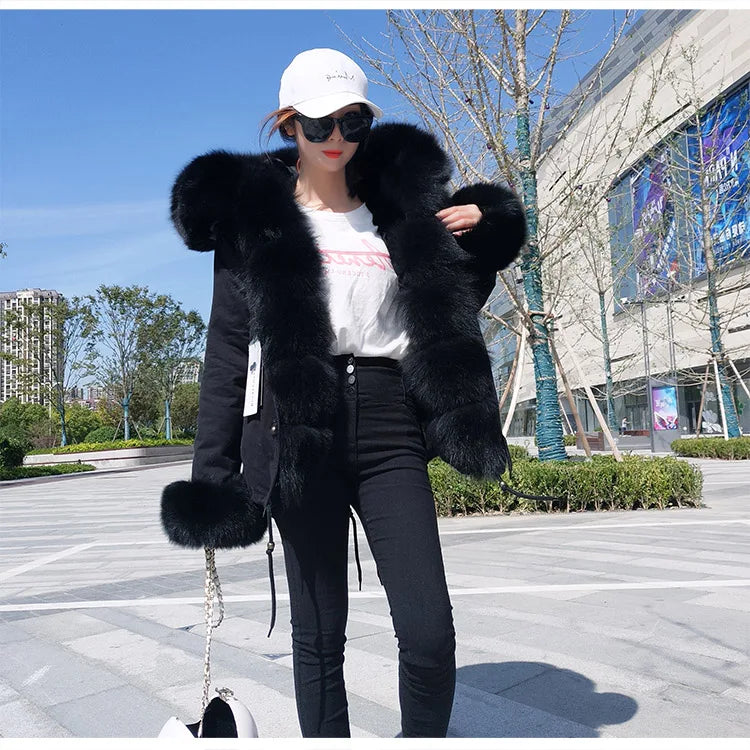 MAOMAOKONG 2025 Real Fur Coat New Fashion Fox Fur Collar Winter Women's clothing Removable Lining Thickened Jacket Short Parka