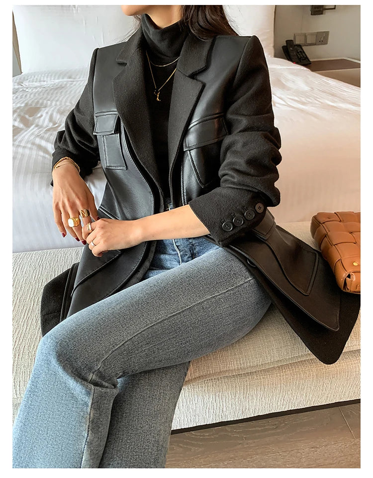 Patchwork Leather Jacket – Pockets – Faux Leather PU – Black | KIMLUD
