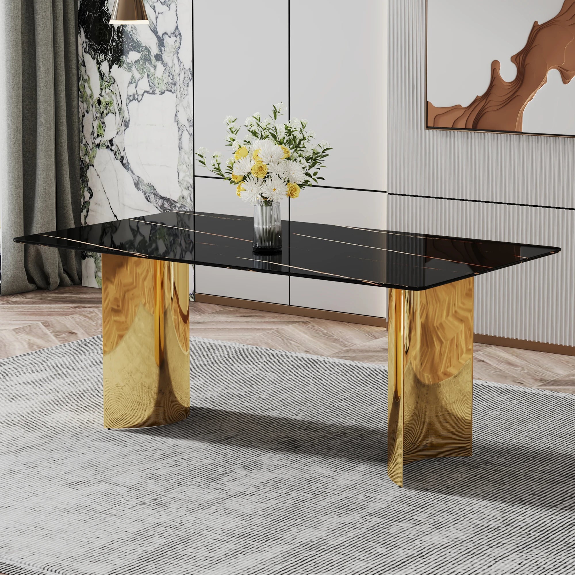Modern Minimalist Square Dining Table with Black Patterned Glass Top Golden Metal Legs for Home Furniture Apartments Restaurants
