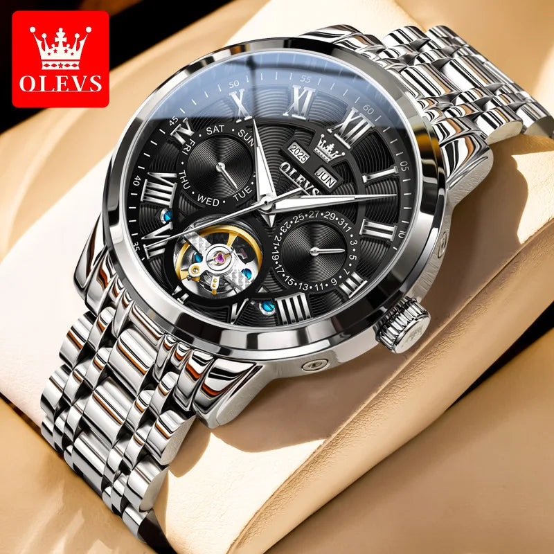 Stainless Steel Watch Moon Phase Luminous Tourbillon Automatic — Cobalt Blue | KIMLUD