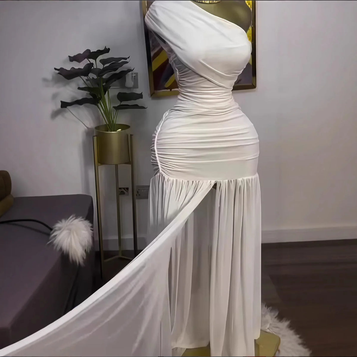 Maxi Evening Dress - One Shoulder Ruched Split - Maxi | KIMLUD