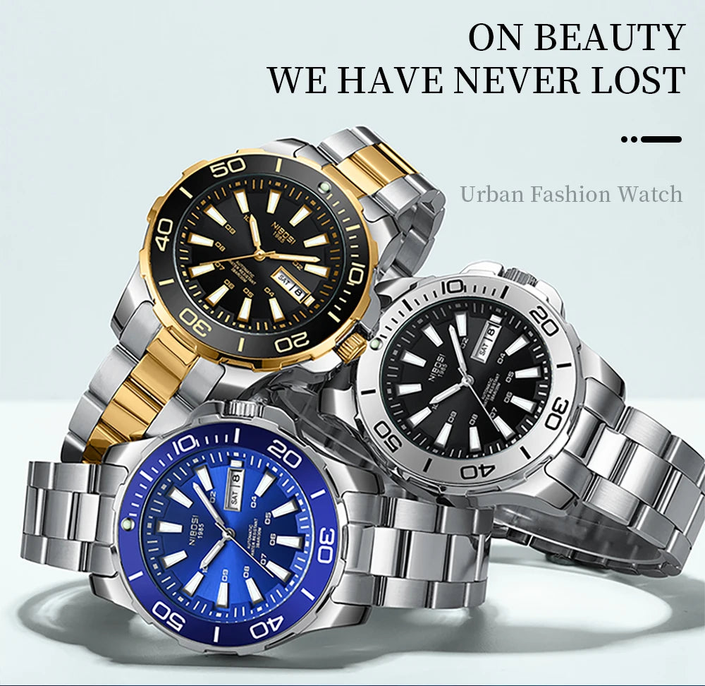 NIBOSI Automatic Men Watch Mechanical Waterproof Date Week Watches Men's Sports Wristwatch Man Stainless Steel Relogio Masculino