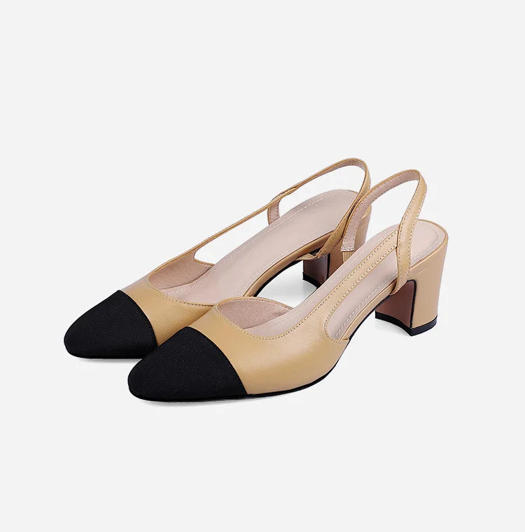 Genuine Leather Slingback Pumps Cap Toe — Beige Nude | KIMLUD