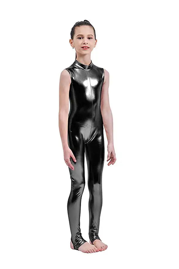 Kids Dance Unitard – Mock Neck – Shiny Metallic Fabric – Metallic | KIMLUD
