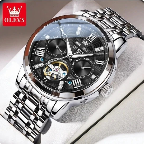 OLEVS 6701 Business Luminous Multifunction Hollow Out Full Automatic Watch for Men Stainless Steel Tourbillon Mechanical Watches