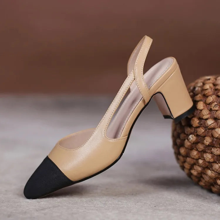 Genuine Leather Slingback Pumps Cap Toe — Beige Nude | KIMLUD