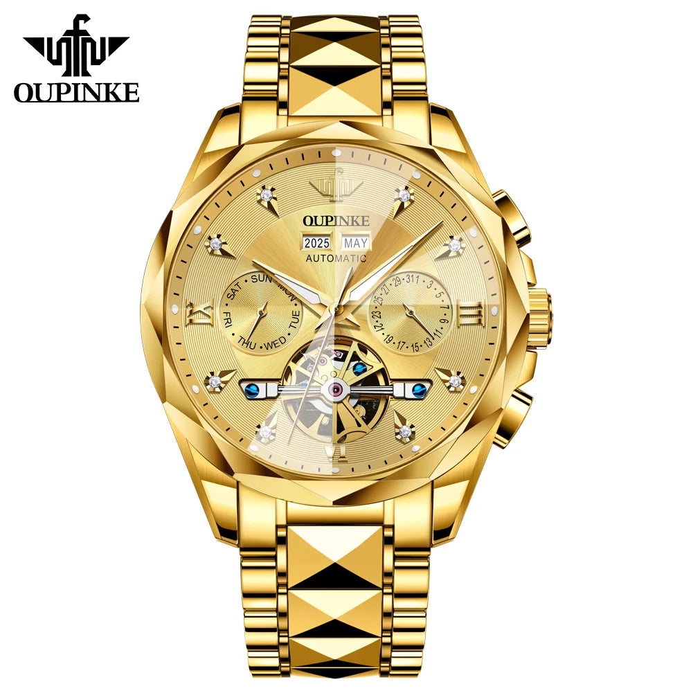 Oupinke 3316 Oem logo Hollow Design Business Tourbillon Waterproof Stainless Steel Luminous Automatic Mechanical Watch for Man