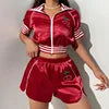 Hot Sale Women Tracksuit Fashion Cherry Embroidery Zipper Crop Top Two Pieces Short Set Sports Wear for Women