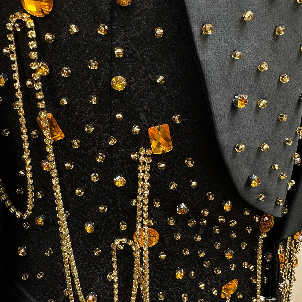 Handmade Rhinestone Beaded Men 3 Piece Suits Luxury Wedding Groom Wear Slim Fit Single Breasted Tuxedo Jacket Vest Pants Set