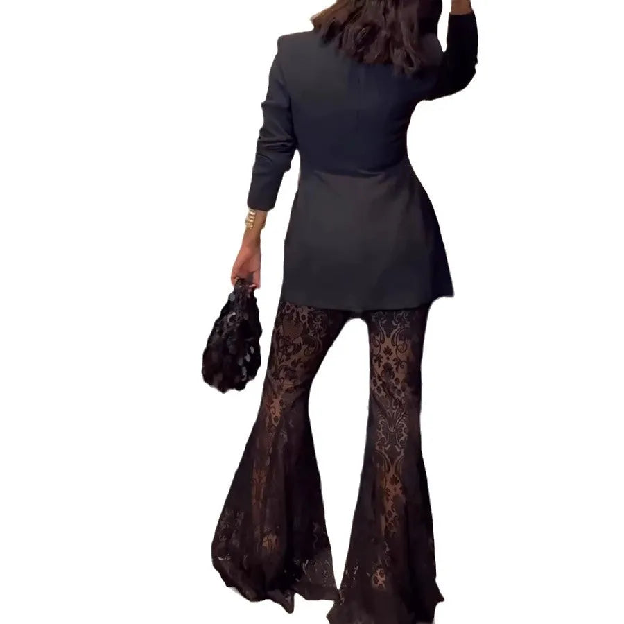 Lace Striped Relaxed Wide-Leg Pants — Black | KIMLUD
