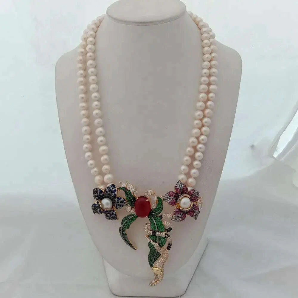 21-2-rows-white-round-freshwater-pearl-necklace-cz-pave-annimal-flower-monkey-gold-color-plated-pendant-luxury-wedding-kimlud-kimlud-33912908