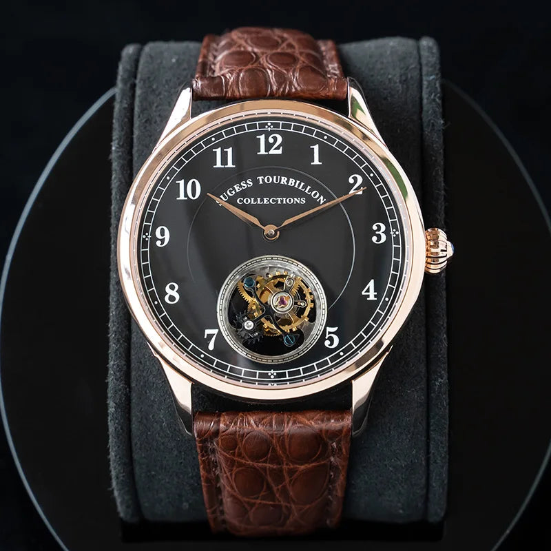 Rose-Gold Skeleton Tourbillon Mechanical Wristwatch — Brown | KIMLUD