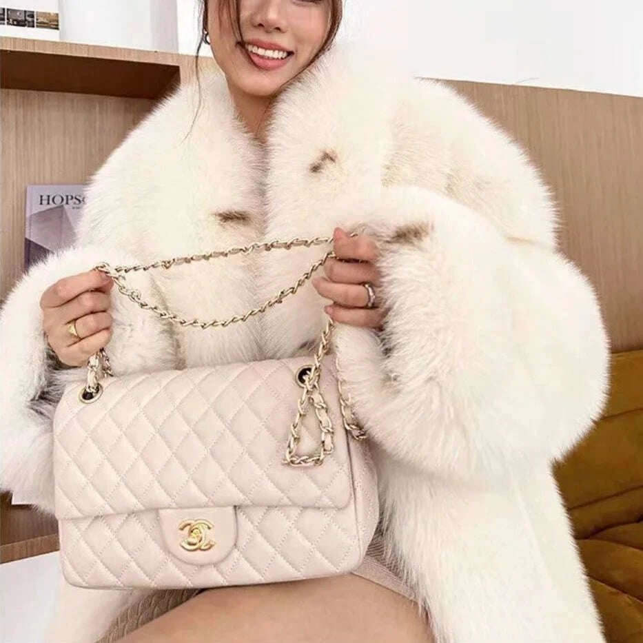 KIMLUD, Women's Full Leather Fox Fur Coat with Midi Loose Spotted Design Shawl Collar Winter Casual Print Outerwear, KIMLUD Womens Clothes