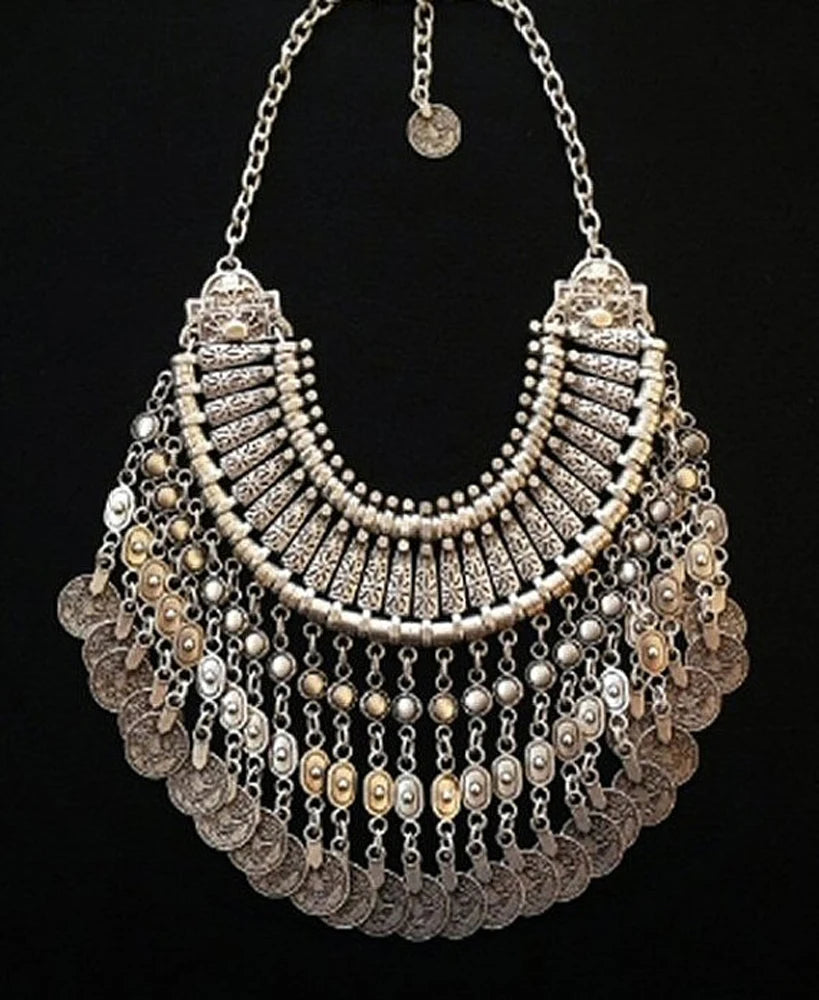 Afghan Bohemian Jewelry Set – Coin Tassel Necklace Earrings – Gold & Silver | KIMLUD