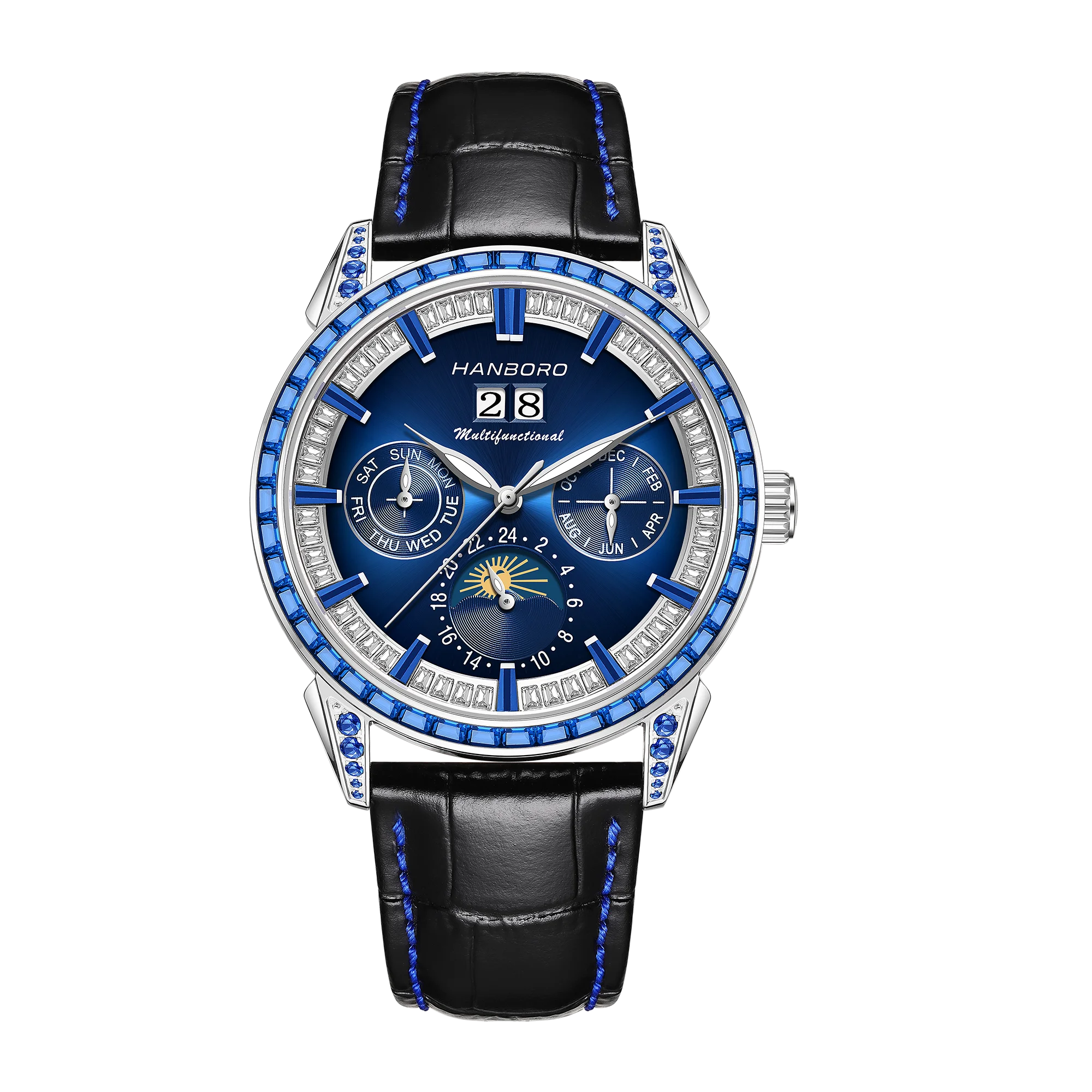 HANBORO Men's Luxury Automatic Mechanical Sports Watch Hollow Pointer Full Diamonds Calendar Luminous Stainless Steel Case Cow