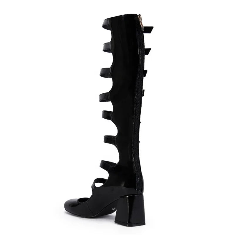 Summer Belt Buckles Women Knee High Boots Chunky Heels Patent Long Booties Sexy Square Toe Back Zipper Sandals Shoes