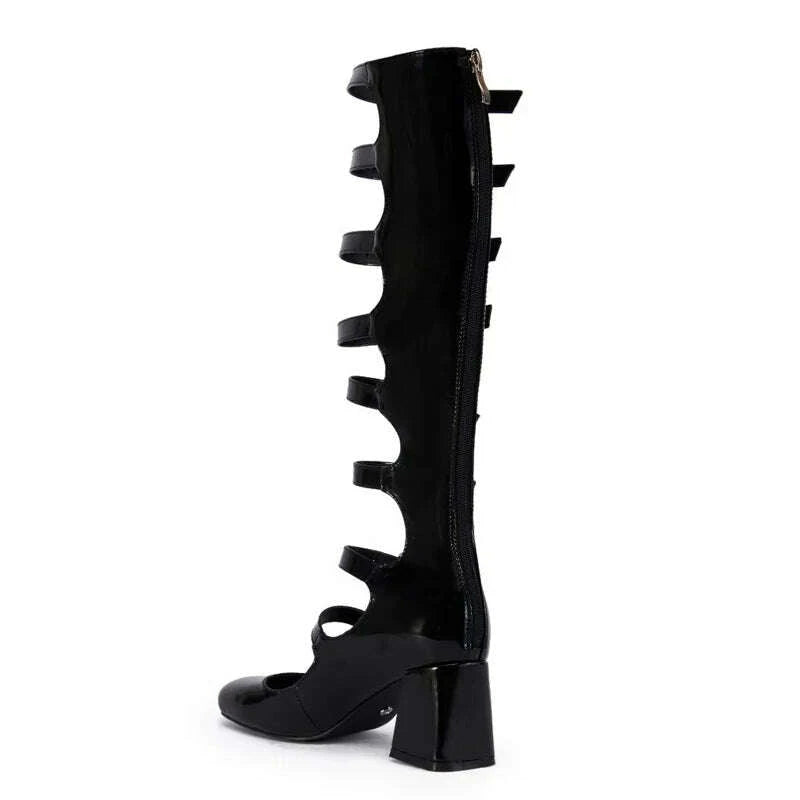 KIMLUD, Summer Belt Buckles Women Knee High Boots Chunky Heels Patent Long Booties Sexy Square Toe Back Zipper Sandals Shoes, KIMLUD Womens Clothes