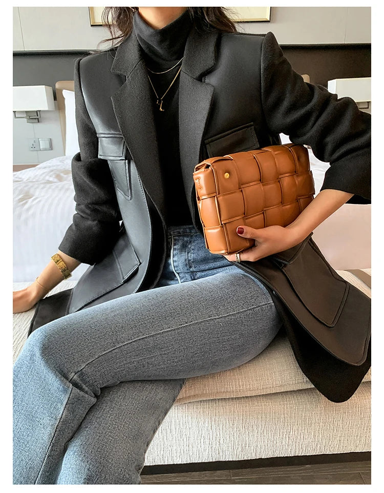 Patchwork Leather Jacket – Pockets – Faux Leather PU – Black | KIMLUD