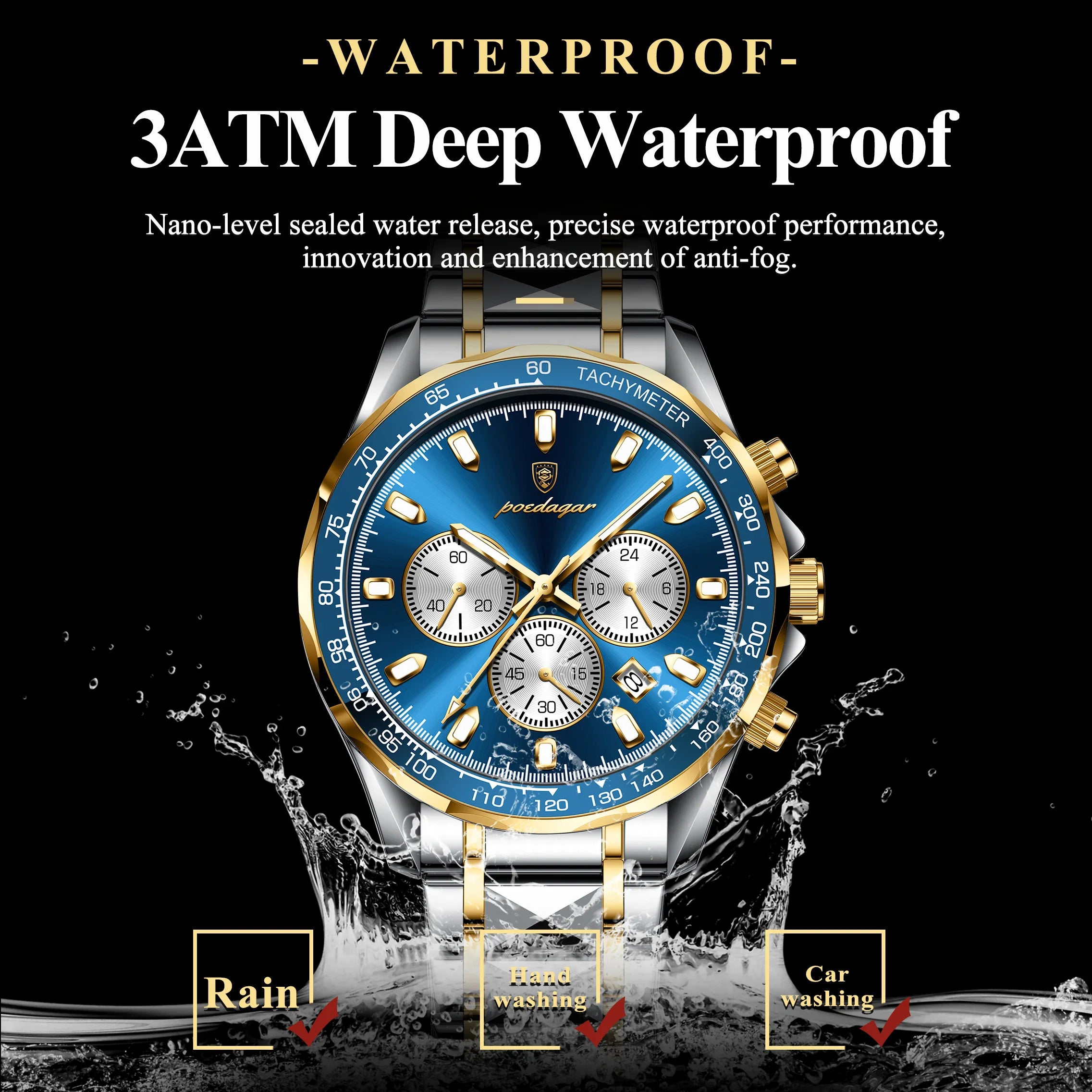 Stainless Steel Luxury Sports Watch Chronograph Auto Date — Blue | KIMLUD