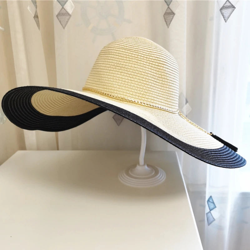 HT3547 Summer Hat Women Large Wide Brim Beach Hat Lady Patchwork Packable Straw Hat Female Fashion Anti-UV Beach Cap Panama Hat