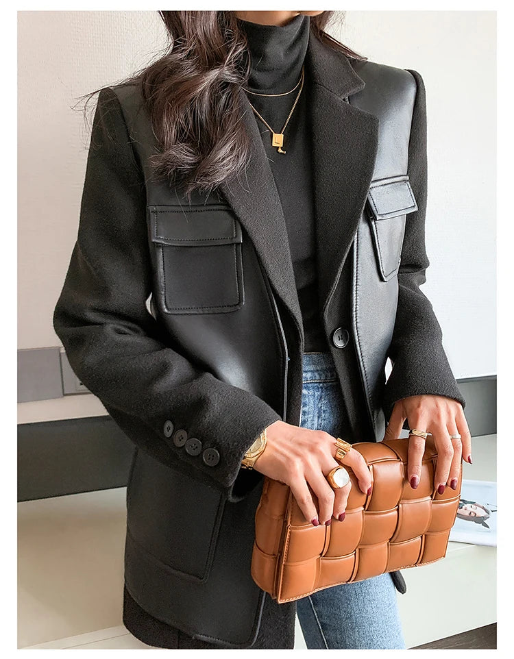 Patchwork Leather Jacket – Pockets – Faux Leather PU – Black | KIMLUD