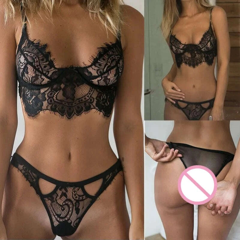 KIMLUD, Ladies Sexy Lace Underwear Set Transparent Hollow Bra Set Sexy Langerie Babydoll Ladies Bikini Panty Set Sexy Lingerie Set, KIMLUD Womens Clothes