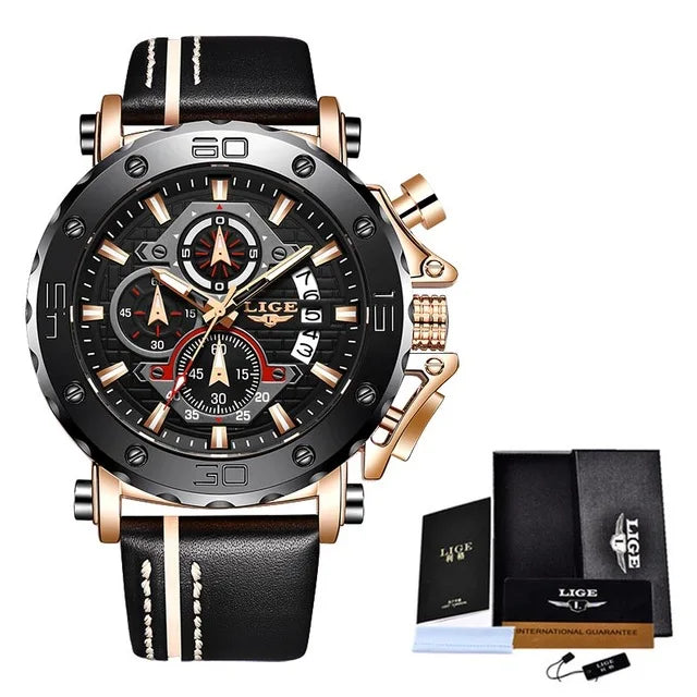 New Top Brand LIGE Mens Watches Fashion Sport Leather Watch Man Luxury Date Waterproof Quartz Chronograph Relogio Masculino+Box