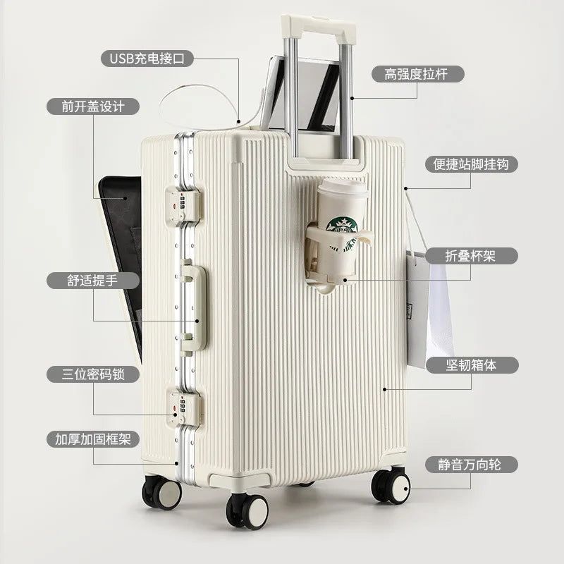 Aluminium Front Opening Luggage Case With Multifunction Password Lock And Cup Holder — Cool Silver | KIMLUD