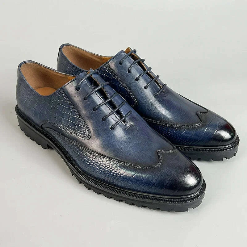 KIMLUD, Men Dress Formal Shoes Genuine Leather Office Shoe for Business Social Elegant Handmade Printing Oxfords Lace up Shoes, KIMLUD Womens Clothes