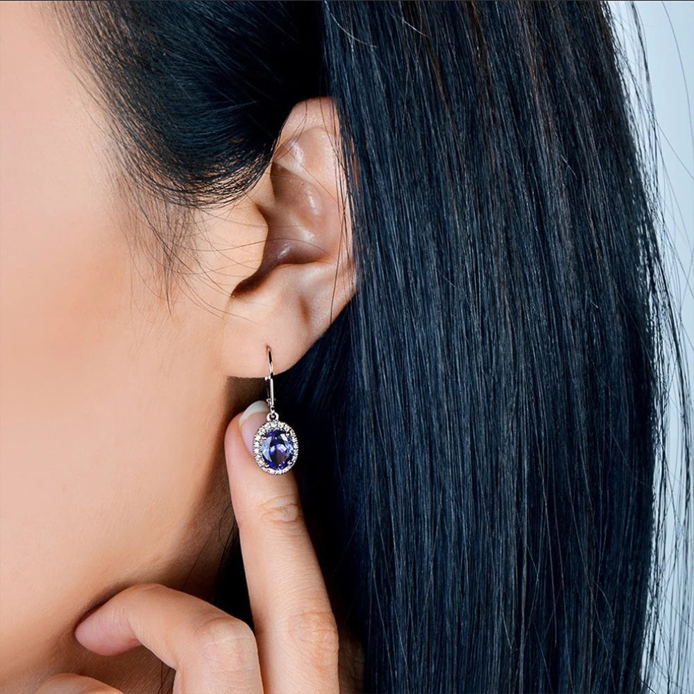 Cubic Zirconia Drop Earrings Oval Halo — Blue | KIMLUD