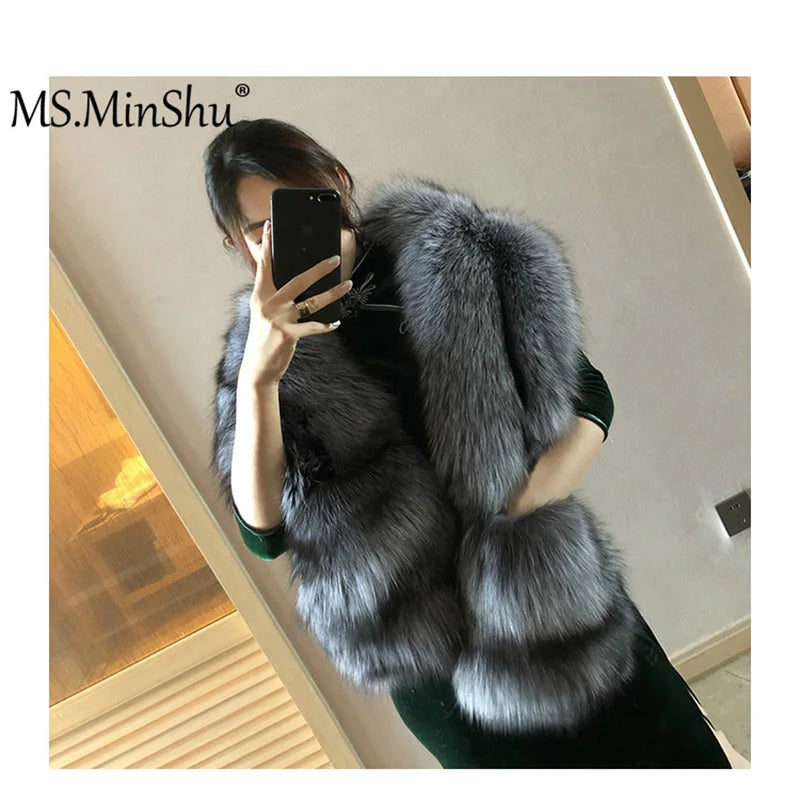 MS.MinShu-Luxury Fox Fur Scarf, Big Skin Scarf, Natural Fox Fur Stole, Genuine Fox Fur Shawl, Pocket Fashion Evening Dress