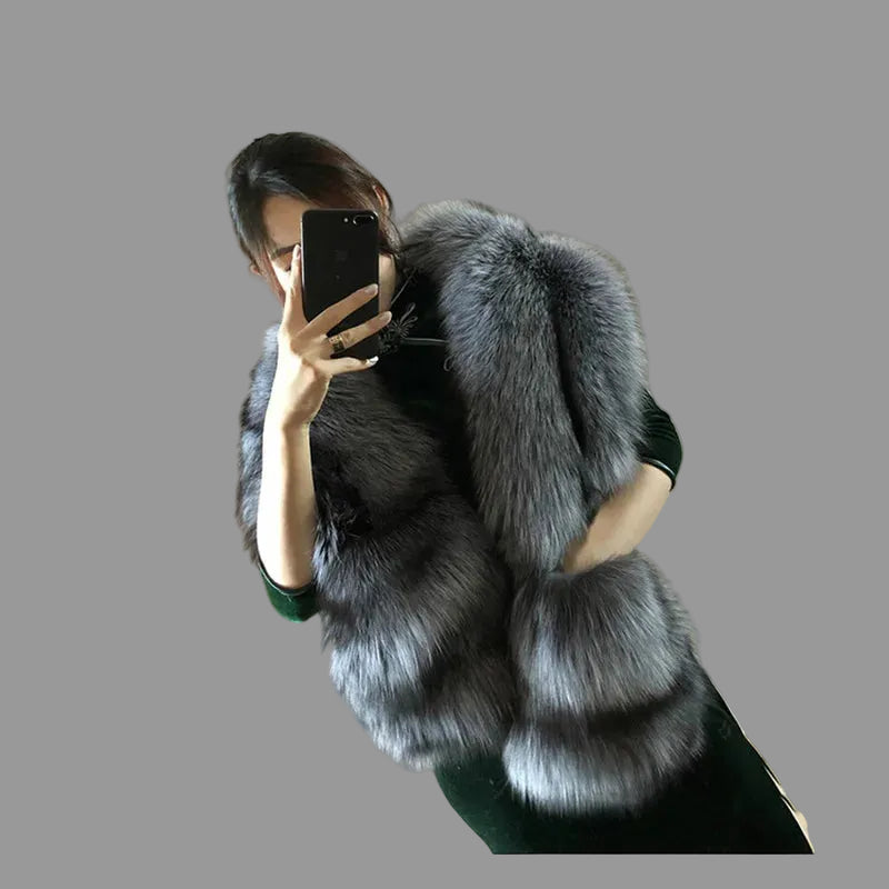 Genuine Fox Fur Scarf With Pockets And Luxe Silvery Undertone For Winter Glamour — Steel Gray | KIMLUD