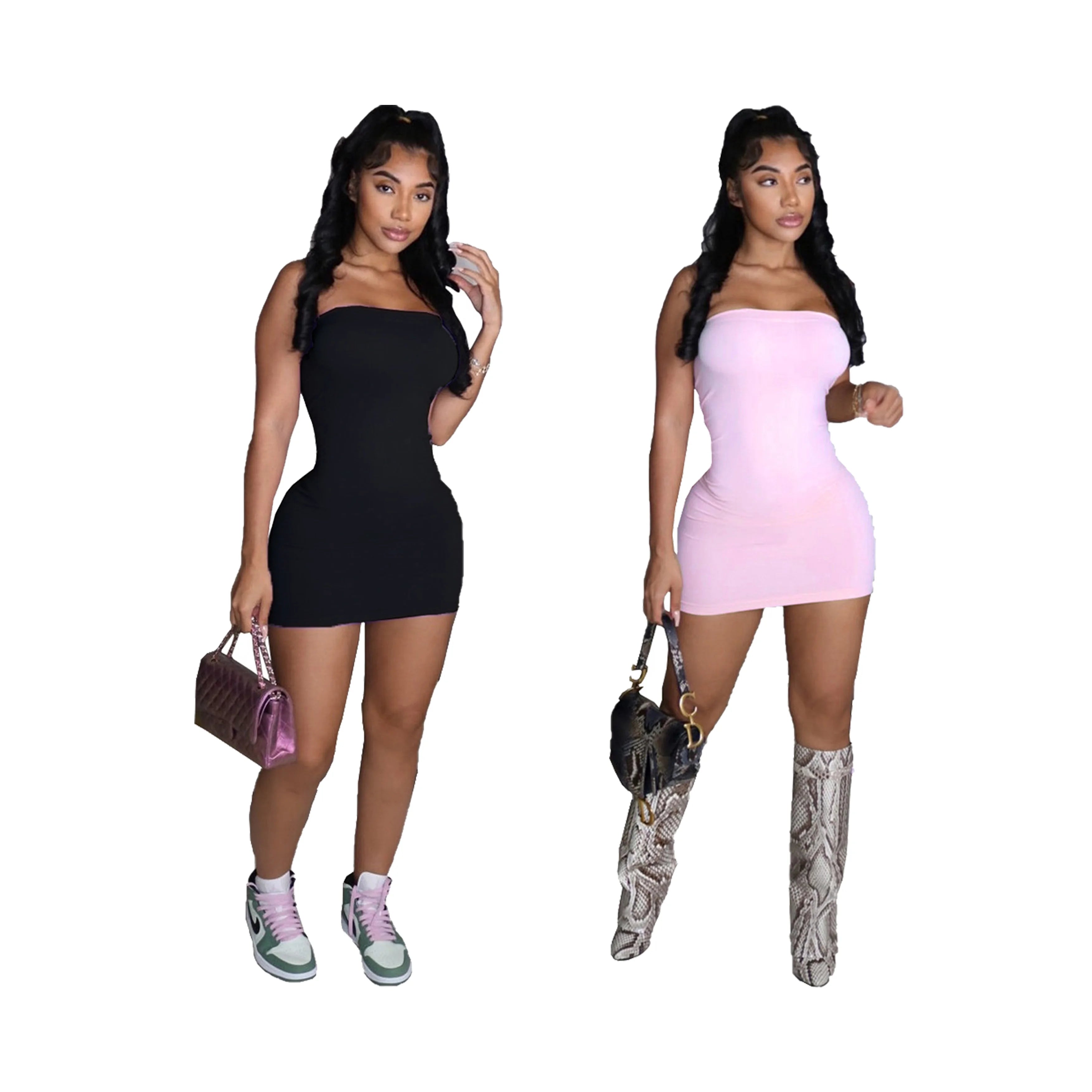 Summer Mini Ladies Dress Custom logo Printing Lt Blue pink Purple New Casual Knitted Strapless Sleeveless Dress for Girl 2034