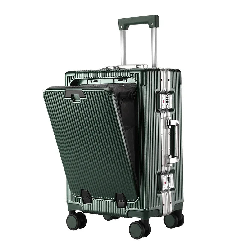 Aluminium Front Opening Luggage Case With Multifunction Password Lock And Cup Holder — Cool Silver | KIMLUD