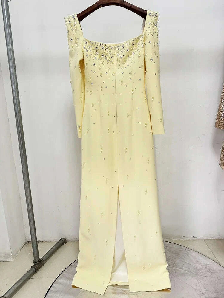 LS2656 Ladies Casual Dress Solid Square Neck Long Sleeve Crystal Party Luxury Dresses Women Elegant