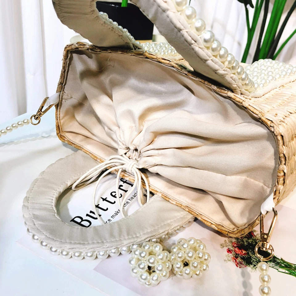 Straw Basket Tote Pearl Bead Trim — Natural | KIMLUD