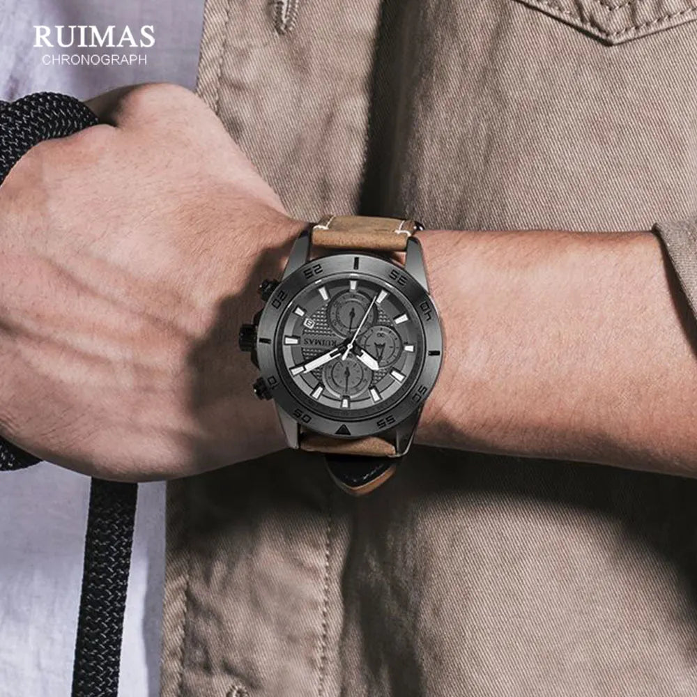 Premium Leather Strap Chronograph Watch — Black | KIMLUD