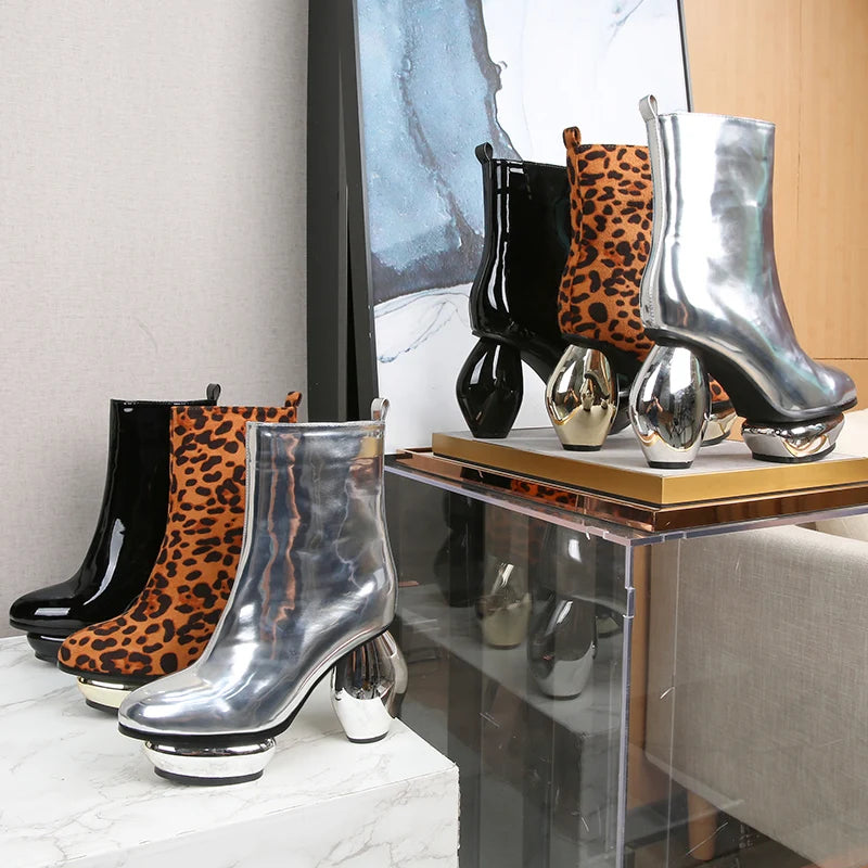 High Heel Boots Womens Shoes Heels Women Winter Cool Fashion New Autumn Winter Thick-heeled Silver Patent Leather Short Bling