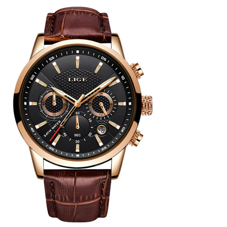 For LIGE 9866 New Men's Fashion Sport Quartz Watch Waterproof Business Dial Pointer Brand Leather Strap Alloy Relogio Masculino