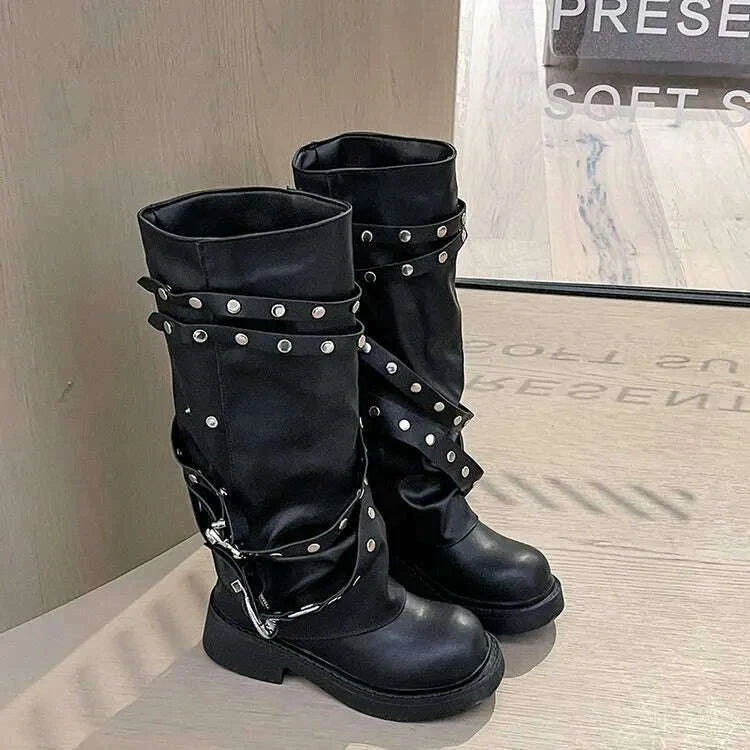 2024-new-winter-denim-boots-womens-retro-brown-belt-buckle-round-head-high-boots-knee-length-bootskimlud-womens-fashion-34622145