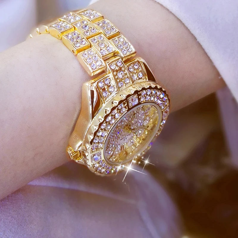 Stainless Steel Diamond Rhinestone Watch — Gold | KIMLUD