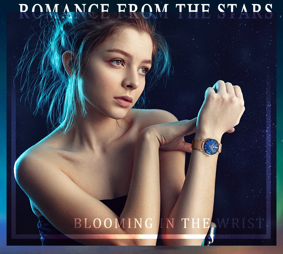 Shengke Women Watches Starry Green Dial Mesh Band Ladies Wristwatch Ultra-thin Stainless Steel Strap Quartz Montre Femme Gift