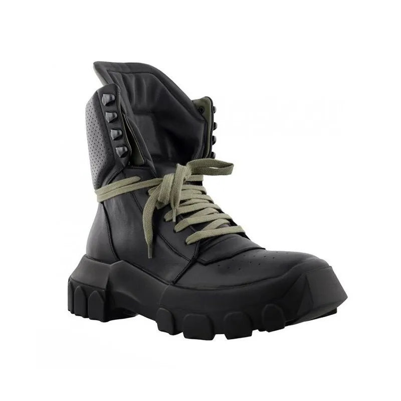 Punk Winter Men Lace Up Tactical Platform Ankle Boots Med Heels Platform Work Safety Shoes Army Genuine Leather Boots Homme