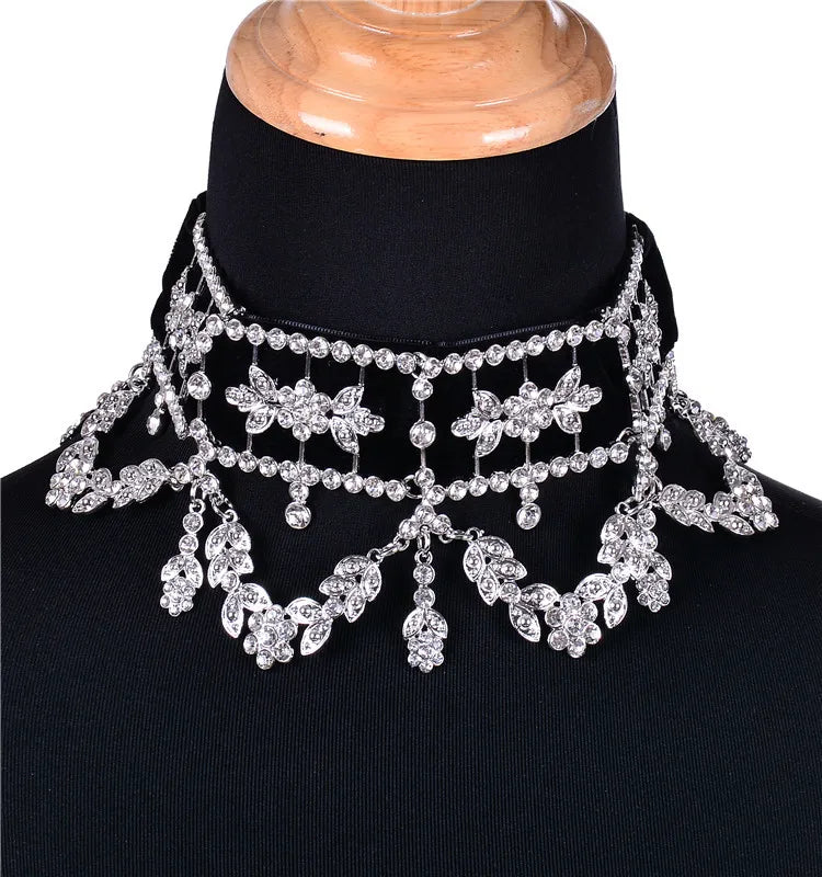 Big Maxi Statement Necklace Rhinestone Flower Ribbon Collar — Crystal | KIMLUD