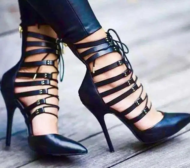 Strappy Sandals – Pointed Toe Cut-out Lace-up Straps – Bonded Leather Heels | KIMLUD