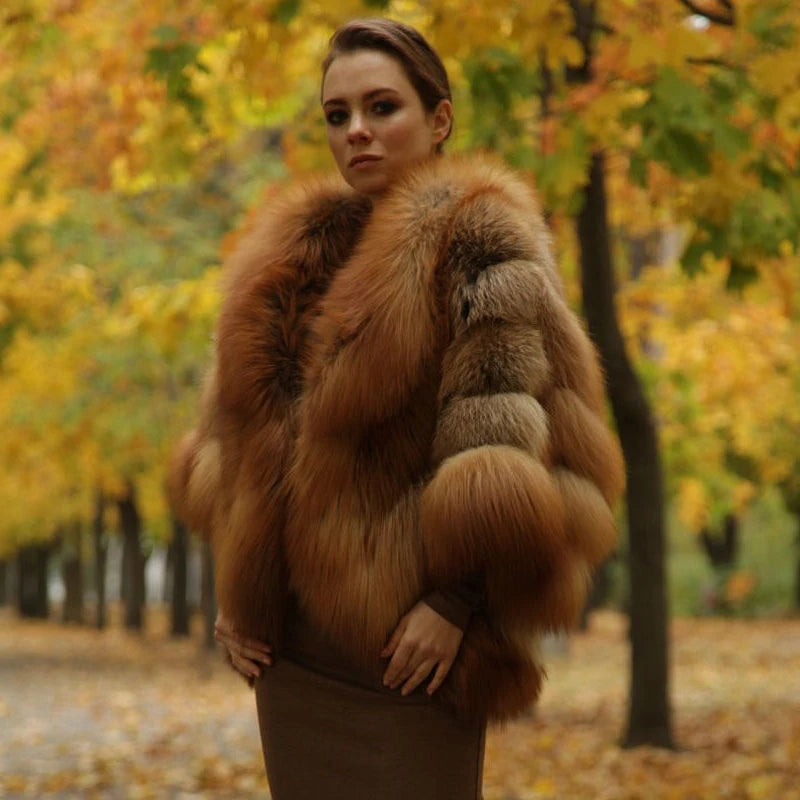 KIMLUD, 2022 Women&#39;s Real Red Fox Fur Coat Winter Luxury WholeSkin Thick Fox Fur Jackets Bat Sleeved Poncho Female Natural Fur Coats, KIMLUD Womens Clothes