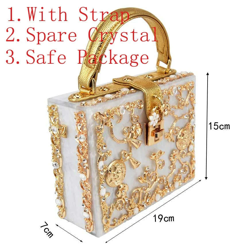KIMLUD, Box Designer evening bag diamond flower Clutch Bag hollow relief Acrylic luxury handbag banquet party purse women's Shoulder bag, KIMLUD Womens Clothes