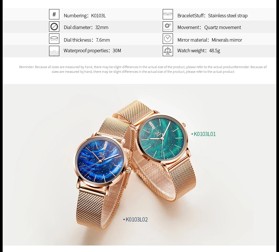 Shengke Women Watches Starry Green Dial Mesh Band Ladies Wristwatch Ultra-thin Stainless Steel Strap Quartz Montre Femme Gift